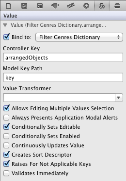 NSDictionaryController bind key