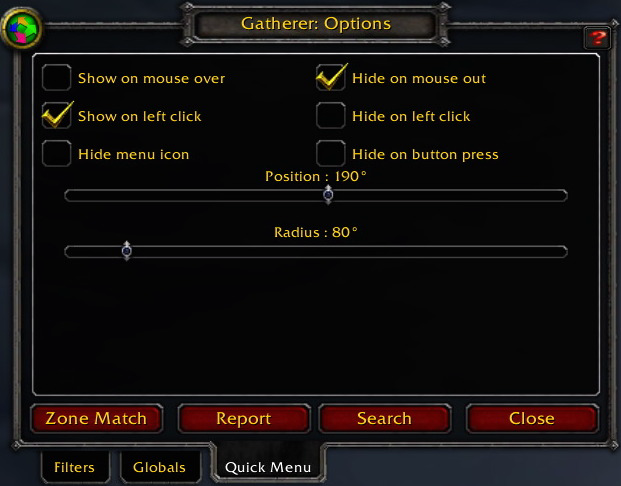 Gatherer Options Quick Menu