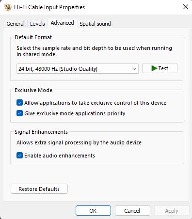 Hi-Fi Cable Input Properties